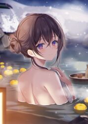 Rule 34 | 1girl, back, brown hair, choko (cup), closed mouth, commentary request, covering privates, cup, food, from behind, fruit, hair between eyes, hair bun, hand up, highres, looking at viewer, looking back, myusha, night, nude cover, onsen, original, outdoors, purple eyes, signature, smile, snow, solo, tokkuri, towel, water, yuzu (fruit), yuzu bath