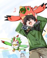 1boy 1girl beak bird brown_pants carrying closed_eyes cowboy_shot digimon digimon_card_game digimon_liberator digua92537359 feathers flying green_feathers green_shirt group_picture horns kazama_shoto kinosaki_arisa male_focus midair muchomon pants pteromon red_feathers shirt single_horn talons