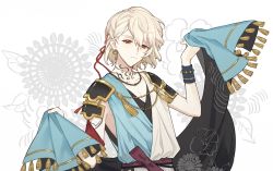 Rule 34 | 1boy, absurdres, alternate costume, bishounen, blonde hair, bracelet, earrings, highres, holding, holding clothes, idolish7, jewelry, looking at viewer, male focus, natsume minami, necklace, red eyes, short hair, solo, tassel, tattoo, tattoo on neck, traditional clothes, upper body, zheyizheyi