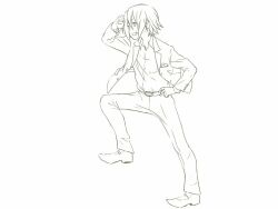 1girl belt formal_clothes greyscale grin hair_down hand_on_own_hip jacket k-on! kicchi_(tmgk) looking_ahead monochrome open_clothes open_jacket pants shoes short_hair smile suit tainaka_ritsu white_background