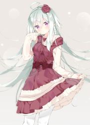 Rule 34 | 1girl, ahoge, alternate hairstyle, blush, bow, braid, clothes lift, commentary request, dress, dress lift, finger to cheek, floating hair, flower, green hair, hair flower, hair ornament, highres, kamioka shun&#039;ya, lifting own clothes, lolita fashion, long hair, pantyhose, red bow, red dress, red eyes, shiori (kamioka shun&#039;ya), side braid, solo, very long hair, white pantyhose