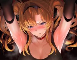 Rule 34 | 1girl, armpits, belt collar, black hairband, blonde hair, blue eyes, blush, breasts, brown gloves, chain, clenched teeth, collar, elbow gloves, frown, glaring, gloves, granblue fantasy, hairband, heart, heart-shaped pupils, highres, large breasts, looking at viewer, restrained, scowl, solo, sweat, symbol-shaped pupils, teeth, twintails, ulrich (tagaragakuin), zeta (dark) (granblue fantasy), zeta (granblue fantasy)