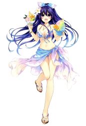 Rule 34 | absurdres, bare shoulders, bikini, blush, bow, breasts, cleavage, collarbone, date a live, extraction, eyebrows, feet, flower, food, frilled bikini, frills, full body, highres, holding, huge filesize, ice cream, jewelry, legs, long hair, looking at viewer, navel, necklace, open mouth, ornament, ponytail, purple hair, purple theme, sandals, sarong, solo, swimsuit, toes, transparent background, tsunako, white background, yatogami tooka