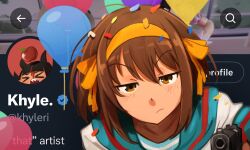 Rule 34 | 1girl, aiming, aiming at viewer, balloon, blush, brown eyes, brown hair, confetti, gun, hairband, holding, holding gun, holding weapon, khyle., looking at viewer, suzumiya haruhi, suzumiya haruhi no yuuutsu, twitter, twitter verified checkmark, v-shaped eyebrows, weapon, yellow hairband