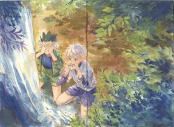 Rule 34 | 2boys, bare legs, black hair, blue eyes, blue shirt, blue shorts, child, chinese commentary, covering face, covering own eyes, cupping hands, day, drinking, fishdry, gon freecss, green jacket, green shorts, grey shirt, hands up, highres, holding, hunter x hunter, jacket, killua zoldyck, kneeling, leaf, long sleeves, male focus, multiple boys, open clothes, outdoors, own hands together, painting (medium), shirt, short hair, shorts, spiked hair, splashing, traditional media, washing face, water, watercolor (medium), waterfall, white hair, white shirt