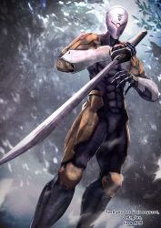 Rule 34 | 1boy, abs, armor, artist name, commission, cyborg, english text, feet out of frame, glowing, glowing eye, gray fox, haikei (le gris no9), helmet, highres, holding, holding sword, holding weapon, katana, light particles, looking at viewer, male focus, metal gear (series), metal gear solid, ninja, one-eyed, open hand, outdoors, pectorals, red eyes, reverse grip, science fiction, skeb commission, solo, standing, sword, typo, weapon