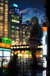 Rule 34 | 1girl, blurry, bokeh, building, cat, city, commentary request, depth of field, full body, green eyes, green hair, hair between eyes, hair ornament, hairclip, highres, holding, holding umbrella, kantai collection, long hair, looking back, maku ro, miniskirt, night, outdoors, pleated skirt, rain, skindentation, skirt, solo, suzuya (kancolle), thighhighs, transparent, transparent umbrella, umbrella, zettai ryouiki