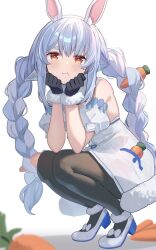 Rule 34 | 1girl, :t, animal ears, bare shoulders, blue hair, carrot hair ornament, detached sleeves, dress, food-themed hair ornament, gloves, hair ornament, hands on own chin, high heels, highres, hikimayu, hololive, hopepe, looking at viewer, orange eyes, pantyhose, pout, rabbit ears, solo, squatting, tiptoes, usada pekora, virtual youtuber, white dress