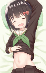 Rule 34 | 1girl, :d, arm up, bed sheet, blush, bow, brown hair, brown serafuku, brown shirt, brown skirt, closed eyes, clothes lift, commentary request, drooling, facing viewer, gekijouban hibike! euphonium, green neckerchief, hair bow, hibike! euphonium, hisaishi kanade, long sleeves, lying, mimikaki (men bow), mouth drool, navel, neckerchief, on back, open mouth, pillow, pleated skirt, red bow, sailor collar, school uniform, serafuku, shirt, shirt lift, skirt, sleeping, smile, solo, stomach, white sailor collar