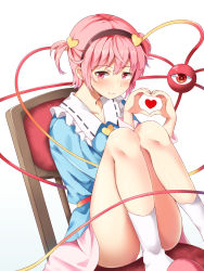 Rule 34 | 1girl, alternate hairstyle, bare legs, blush, chair, closed mouth, commentary request, gradient background, hair ornament, hairband, heart, heart hair ornament, heart hands, highres, komeiji satori, looking at viewer, multicolored background, nagomian, panties, pantyshot, pink footwear, pink hair, pink skirt, short hair, sitting, skirt, slippers, smile, socks, solo, thighs, third eye, touhou, two-tone background, two side up, underwear, white panties, white socks