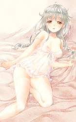 Rule 34 | 1girl, bad id, bad pixiv id, bed, bow, braid, breasts, brown eyes, chemise, female focus, lingerie, long hair, looking at viewer, mada (mk333), nipples, original, see-through, silver hair, smile, solo, strap slip, thighhighs, thighs, twin braids, uncensored, underwear, white thighhighs