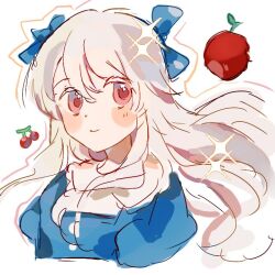 Rule 34 | 1girl, alternate costume, apple, blue bow, blue shirt, blush stickers, bow, cherry, closed mouth, colored eyelashes, commentary, cropped torso, food, fruit, hair between eyes, hair bow, kagerou project, kozakura marry, light smile, long hair, looking to the side, otorigg, pink eyes, shirt, sketch, solo, sparkle, symbol-only commentary, two-tone shirt, upper body, wavy hair, white background, white hair, white shirt