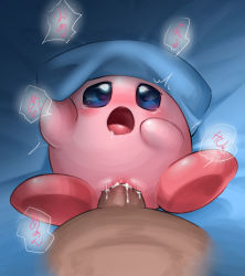 Rule 34 | 1boy, 1girl, ^^^, afterglow, bed, blue eyes, clitoris, colored skin, cross-eyed, cum, dark skin, drooling, fat, fat man, feet, hand on own face, hetero, interspecies, japanese text, kirby, kirby (series), kurobedamu, lying, missionary, moaning, mons pubis, nintendo, on back, open mouth, pillow, pillow grab, pussy, saliva, sex, bed sheet, size difference, tearing up, translated, trembling, uncensored, vaginal