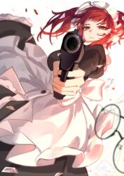 Rule 34 | 1girl, apron, black dress, breasts, broken glass, closed mouth, dress, glass, gun, handgun, highres, holding, holding gun, holding weapon, kuroshitsuji, large breasts, long sleeves, looking at viewer, maid, maid apron, maid headdress, meirin (kuroshitsuji), no eyewear, pointing gun, puffy long sleeves, puffy sleeves, red eyes, red hair, serious, shi zou, short twintails, simple background, solo, sparkle, twintails, weapon, white background