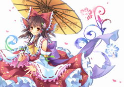 Rule 34 | 1girl, bare shoulders, bell, blush, bow, brown eyes, brown hair, colorful, detached sleeves, embellished costume, female focus, floral print, frills, hair bow, hair ornament, hair tubes, hakurei reimu, japanese clothes, jingle bell, large bow, looking at viewer, miko, oil-paper umbrella, orange eyes, outstretched hand, ribbon, rie (reverie), short hair, solo, touhou, umbrella