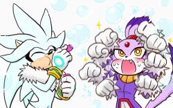 Rule 34 | 1boy, 1girl, blaze the cat, blush, blowing bubbles, closed eyes, fang, furry, furry female, furry male, gloves, silver the hedgehog, sonic (series), white gloves, yellow eyes, yotsumeddd
