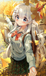 Rule 34 | 1girl, 1other, absurdres, ahoge, autumn, autumn leaves, backpack, bag, blue cardigan, blue eyes, blurry, blurry foreground, blush, bow, bowtie, breasts, brown bag, cardigan, closed mouth, collared shirt, day, falling leaves, ginkgo leaf, ginkgo tree, green skirt, hair ornament, hairclip, highres, holding hands, leaf, long hair, long sleeves, looking at viewer, medium breasts, original, outdoors, plaid, plaid skirt, pleated skirt, pointing, pov, railing, red bow, red bowtie, river, school uniform, shirt, skirt, smile, tree, tyutaka0427, upper body, very long hair, water, white hair, white shirt