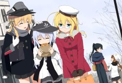 Rule 34 | 10s, 5girls, :d, ^ ^, anchor hair ornament, bag, black hair, black legwear, blonde hair, blue eyes, blush, brown hair, closed eyes, coat, day, eating, error musume, eyebrows, fumizuki (kancolle), girl holding a cat (kancolle), girl sandwich, glasses, gloves, goribote, hair ornament, hat, headpat, hibiki (kancolle), houshou (kancolle), i-8 (kancolle), japanese clothes, kantai collection, kimono, long hair, low twintails, md5 mismatch, multiple girls, open mouth, outdoors, pantyhose, peaked cap, ponytail, prinz eugen (kancolle), red-framed eyewear, resized, resolution mismatch, sandwiched, scarf, school uniform, serafuku, skirt, smile, source larger, twintails, unfinished, uniform, white gloves, white hair, winter, winter clothes, winter coat