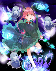 Rule 34 | 1girl, animal ears, bow, braid, cat ears, cat tail, collar, dress, extra ears, fairy wings, fang, green dress, hair bow, halo, juliet sleeves, kaenbyou rin, long hair, long sleeves, looking at viewer, multiple tails, nekokitsune0905, nekomata, open mouth, paw pose, puffy sleeves, purple eyes, red eyes, red hair, silver hair, solo, tail, touhou, twin braids, wings, zombie fairy (touhou)