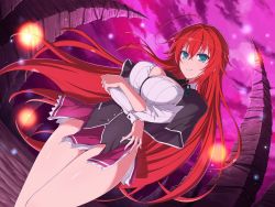 Rule 34 | 1girl, ahoge, black capelet, black neckwear, blue eyes, breasts, capelet, corset, crossed arms, crossover, high school dxd, kuoh academy school uniform, large breasts, long hair, looking at viewer, official art, open clothes, open shirt, red hair, rias gremory, school uniform, senran kagura, senran kagura new link, shirt, sidelocks, skirt, smile, solo, standing, white shirt