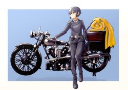 Rule 34 | 1girl, androgynous, belt, black gloves, black hair, closed mouth, coat, gloves, hermes (kino no tabi), highres, jacket, kino (kino no tabi), kino no tabi, motor vehicle, motorcycle, reverse trap, short hair, solo
