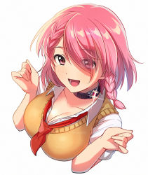 Rule 34 | 1girl, asada hachi, blush, braid, breasts, choker, cleavage, dokyuu hentai hxeros, eyes visible through hair, hair over one eye, large breasts, looking at viewer, open mouth, pink hair, red neckwear, shirayuki maihime, short hair, smile, solo, swept bangs, upper body