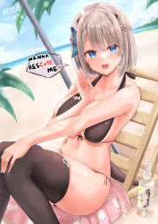 Rule 34 | 1girl, animal ears, arm between breasts, artist name, beach, between breasts, bikini, black bikini, black thighhighs, blue bow, blue eyes, bow, braid, breasts, brown hair, commentary request, day, dutch angle, english text, hair bow, halterneck, hand on own knee, hand up, highres, indie virtual youtuber, knees up, large breasts, looking at viewer, lutra lutra, neneru, outdoors, sand, short hair, side-tie bikini bottom, sitting, solo, speech bubble, swimsuit, tail, thighhighs, virtual youtuber, water
