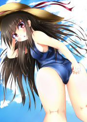 Rule 34 | 1girl, adjusting clothes, adjusting swimsuit, ass, blush, breasts, brown hair, cloud, day, female focus, hat, houraisan kaguya, kuzumomo, long hair, medium breasts, one-piece swimsuit, open mouth, red eyes, school swimsuit, sideboob, sky, solo, swimsuit, touhou, very long hair