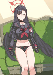 Rule 34 | 1girl, absurdres, asymmetrical bangs, black choker, black gloves, black hair, black panties, black serafuku, black wings, blue archive, bow (bhp), choker, closed eyes, couch, cropped shirt, feet out of frame, gloves, halo, highres, ichika (blue archive), indoors, midriff, navel, no pants, on couch, panties, red halo, school uniform, sensei (blue archive), serafuku, sitting, sleeping, solo, underwear, wings