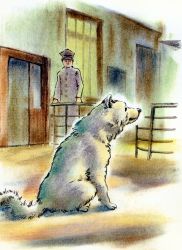 Rule 34 | animal, dog, hachiko monogatari, hat, male focus, railway station, sad, sitting, uniform, waiting