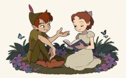 Rule 34 | 1boy, 1girl, brown eyes, brown footwear, brown hair, bug, butterfly, child, dress, fingernails, grass, green shirt, green tunic, hat, hat feather, highres, insect, kumao (uexxww), ladybug, one eye closed, peter pan (character), peter pan (disney), pointy ears, shirt, shoes, short hair, smile, tunic, wendy darling, white dress