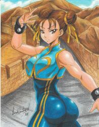 Rule 34 | 1girl, 2021, ass, bodysuit, bow, bracelet, brown eyes, brown hair, capcom, chinese clothes, chun-li, double bun, great wall of china, hair bun, highres, huge ass, jewelry, ravernclouk design, sleeveless, solo, spiked bracelet, spikes, street fighter, thick thighs, thighs, traditional media