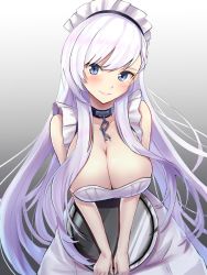 Rule 34 | 1girl, apron, azur lane, belfast (azur lane), blue eyes, braid, breasts, broken, broken chain, chain, cleavage, collar, french braid, frilled apron, frills, gradient background, grey background, hair between eyes, highres, large breasts, lips, long hair, looking at viewer, low neckline, maid, maid apron, maid headdress, marumai, no gloves, smile, solo, tray, white apron, white hair