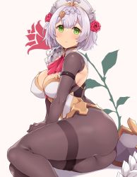 Rule 34 | 1girl, alternate breast size, amane hasuhito, arm strap, arm support, ascot, ass, black pantyhose, blush, bodysuit, braid, breasts, cleavage, clothing cutout, feet out of frame, flower, genshin impact, green eyes, hair flower, hair ornament, large breasts, looking at viewer, noelle (genshin impact), pantyhose, raised eyebrows, red ascot, red flower, short hair, simple background, sitting, solo, sweat, thighband pantyhose, white background, white hair