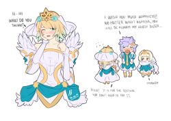 Rule 34 | 1boy, 2girls, blonde hair, blue eyes, blue flower, blue hair, blush, breasts, bridal veil, bride, bride (fire emblem), brother and sister, chibi, collarbone, commentary, conope, crown, crying, dress, earrings, english commentary, english text, fire emblem, fire emblem heroes, fjorm (fire emblem), flower, gradient hair, hair between eyes, hair flower, hair ornament, hand on own cheek, hand on own face, hrid (fire emblem), jewelry, medium breasts, multicolored hair, multiple girls, nintendo, one eye closed, purple hair, scarf, short hair, siblings, signature, simple background, sisters, spiked hair, tiara, veil, wedding dress, white background, white dress, white hair, white scarf, ylgr (fire emblem)
