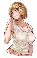 Rule 34 | 1girl, blonde hair, blue eyes, blush, bob cut, breasts, cleavage, collarbone, commentary, hair ornament, highres, hololive, hololive english, large breasts, looking at viewer, midriff, mistimagi, muscular, muscular female, simple background, solo, sweat, tank top, upper body, virtual youtuber, watson amelia, white background
