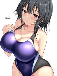 Rule 34 | 1girl, black hair, black one-piece swimsuit, blush, breasts, competition swimsuit, dated, highres, kantai collection, large breasts, looking at viewer, montemasa, multicolored clothes, multicolored swimsuit, one-piece swimsuit, purple one-piece swimsuit, red eyes, short hair, smile, solo, swimsuit, takao (kancolle)