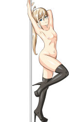 Rule 34 | 1boy, androgynous, artist request, blonde hair, blue eyes, crossdressing, high heels, highres, long hair, looking at viewer, male focus, pole, pole dancing, ponytail, solo, stripper pole, thighhighs, trap, y.fuji