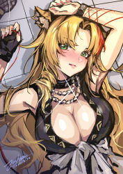 Rule 34 | 1girl, absurdres, animal ear fluff, animal ears, arknights, black collar, black gloves, black one-piece swimsuit, blonde hair, blush, breasts, center opening, chinese commentary, cleavage, clothes around waist, collar, commentary request, dated, drill hair, fingerless gloves, gloves, green eyes, hands up, highres, jewelry, joshua (tubie), lips, long hair, looking at viewer, lying, multicolored hair, nail polish, necklace, official alternate costume, on back, one-piece swimsuit, pearl necklace, red hair, red nails, shadow, shirt, shirt around waist, single glove, sketch, solo, streaked hair, swimsuit, swire (arknights), tiger ears, tile floor, tiles, upper body, watch, white shirt, wristwatch