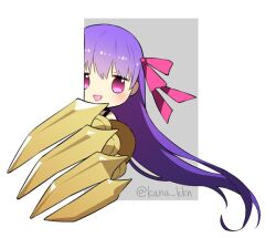 Rule 34 | 1girl, blush, border, chibi, chibi only, claws, fate/extra, fate/extra ccc, fate (series), grey background, hair between eyes, kaidou j1, long hair, no nose, passionlip (fate), peeking out, pink eyes, pink ribbon, purple hair, ribbon, solo, twitter username, very long hair, white border