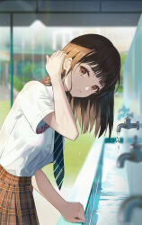 Rule 34 | 1girl, absurdres, arm up, blurry, blurry background, blurry foreground, breasts, brown eyes, brown hair, brown skirt, commentary request, depth of field, diagonal-striped clothes, diagonal-striped necktie, faucet, hair behind ear, tucking hair, highres, hyonee, long hair, looking at viewer, medium breasts, necktie, original, parted lips, plaid, plaid skirt, pleated skirt, school uniform, shirt, short sleeves, skirt, solo, striped clothes, water, white shirt