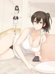 Rule 34 | 10s, 2girls, akagi (kancolle), bad id, bad pixiv id, breasts, brown eyes, brown hair, casual, cleavage, kaga (kancolle), kantai collection, large breasts, long hair, lying, multiple girls, ogros, on side, side ponytail, thighs