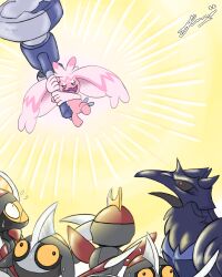 Rule 34 | 1girl, 2022, 5others, absurdres, animal ears, attack, bird, bisharp, colored skin, corviknight, creatures (company), dated, empty eyes, eyelashes, faruway, game freak, gen 5 pokemon, gen 8 pokemon, gen 9 pokemon, glowing, hammer, highres, holding, holding hammer, holding weapon, looking at another, multiple others, nervous, nintendo, no humans, pawniard, pink skin, pokemon, pokemon (creature), scared, sequential, smile, sparkling eyes, sweat, sweatdrop, tinkaton, weapon