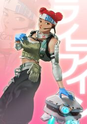 Rule 34 | 1girl, anemia kwus, apex legends, arm strap, backpack, bag, black pants, blue gloves, breast strap, breasts, cable, character name, cleavage, detached sleeves, double bun, earpiece, gloves, green tank top, hair bun, hairband, highres, leaning to the side, lifeline (apex legends), lipstick, looking to the side, makeup, medium breasts, midriff peek, navel, pants, pink background, pout, red hair, red lips, solo, tank top, white hairband, zoom layer