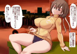 Rule 34 | 1girl, arm support, breasts, brown eyes, brown hair, competition swimsuit, curvy, headband, hiryuu (kancolle), jacket, jema, kantai collection, large breasts, looking at viewer, one-piece swimsuit, outdoors, parted lips, short hair, sitting, solo, swimsuit, swimsuit under clothes, track jacket, translation request, tree, wide hips