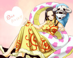 Rule 34 | 1girl, amazon warrior, black hair, blue eyes, boa hancock, dress, earrings, female focus, high heels, highres, horns, jewelry, jolly roger, long hair, looking at viewer, one piece, pirate, salome (one piece), shoes, side slit, sitting, skull, snake, yellow dress