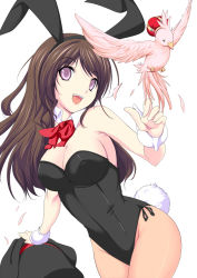 Rule 34 | 1girl, :d, animal ears, bird, breasts, brown hair, cleavage, detached collar, fake animal ears, hat, highres, holding, katori (mocchidou), large breasts, leotard, long hair, open mouth, original, pantyhose, playboy bunny, purple eyes, rabbit ears, rabbit tail, see-through, see-through legwear, simple background, smile, solo, tail, teeth, white background, wrist cuffs