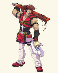 Rule 34 | 2boys, abs, baby, belt, brown hair, carrying, cross, english text, eyepatch, grandfather and grandson, guilty gear, guilty gear xrd, highres, holding, holding sword, holding weapon, junkyard dog mk iii, long hair, multiple boys, over shoulder, pacifier, pectoral cleavage, pectorals, simple background, sin kiske, smile, smirkingcat, sol badguy, sword, twitter username, weapon, weapon over shoulder