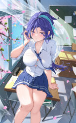 Rule 34 | 1girl, absurdres, adjusting hair, alternate costume, bare legs, blue hair, blue necktie, blue skirt, breasts, button gap, chair, classroom, cleavage, clorinde (genshin impact), collared shirt, commentary, contemporary, curtains, dark blue hair, desk, falling petals, floating hair, genshin impact, hair between eyes, hand in own hair, highres, indoors, large breasts, long hair, looking at viewer, multicolored hair, necktie, on desk, open window, paid reward available, parted lips, petals, purple eyes, school chair, school desk, school uniform, shirt, sitting, on desk, skirt, solo, streaked hair, thighs, twitter username, vincent leo, white background, wind, window