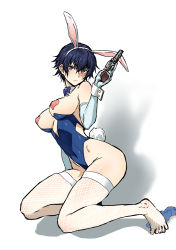 Rule 34 | 1girl, animal ears, ass, ass focus, blue eyes, blue hair, blush, bow, breasts, covered erect nipples, fake animal ears, fake tail, feet, female focus, full body, gun, hair between eyes, handgun, henriiku (ahemaru), holding, holding gun, holding weapon, large breasts, leotard, looking at viewer, nipple covers, persona, persona 4, playboy bunny, rabbit, rabbit ears, rabbit tail, revolver, shirogane naoto, simple background, solo, strapless, tail, thighs, tomboy, weapon, white background